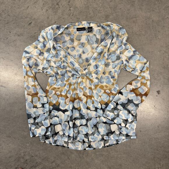 Vintage Y2K NY&Co Microsheer Beige Blue Pilka Dot Whimsical Longsleeve Blouse M - Picture 1 of 5